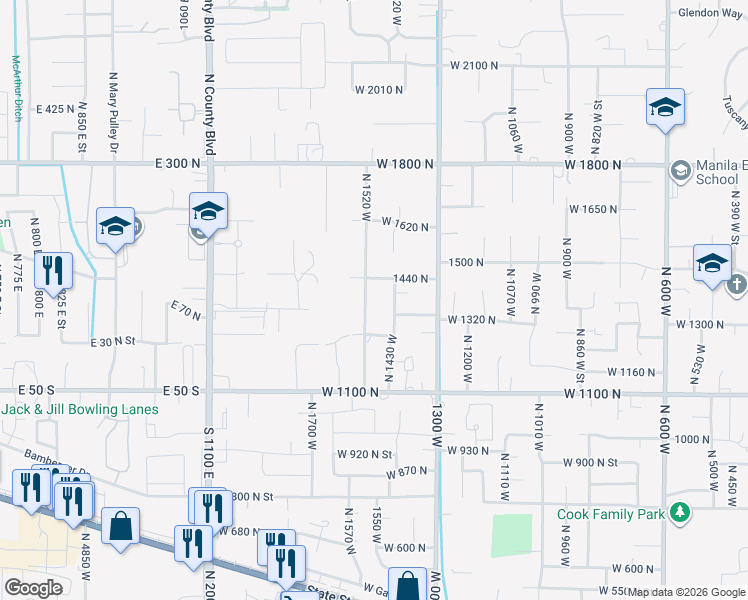 map of restaurants, bars, coffee shops, grocery stores, and more near 1368 N 1520 W in Pleasant Grove