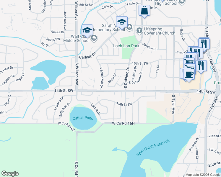 map of restaurants, bars, coffee shops, grocery stores, and more near 1324 Carlene Drive in Loveland