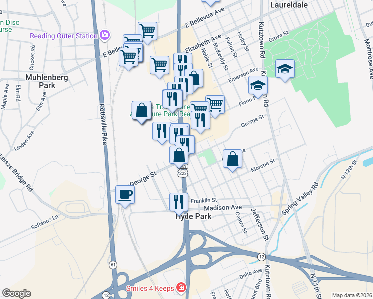 map of restaurants, bars, coffee shops, grocery stores, and more near 213R George Street in Reading