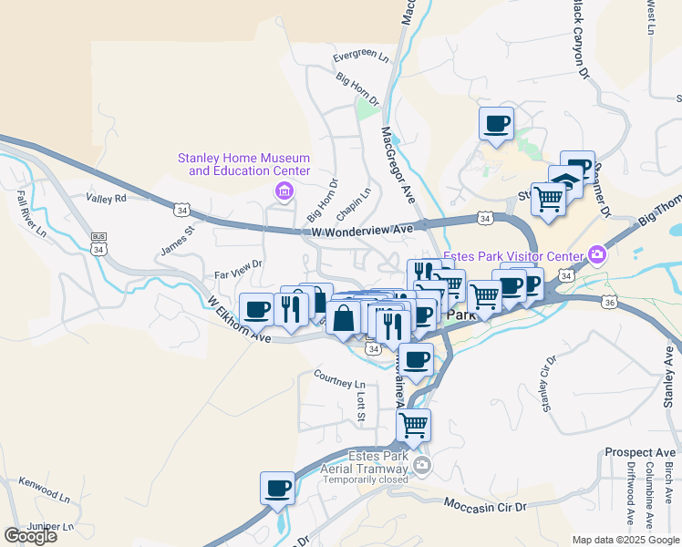 map of restaurants, bars, coffee shops, grocery stores, and more near 270 Big Horn Drive in Estes Park