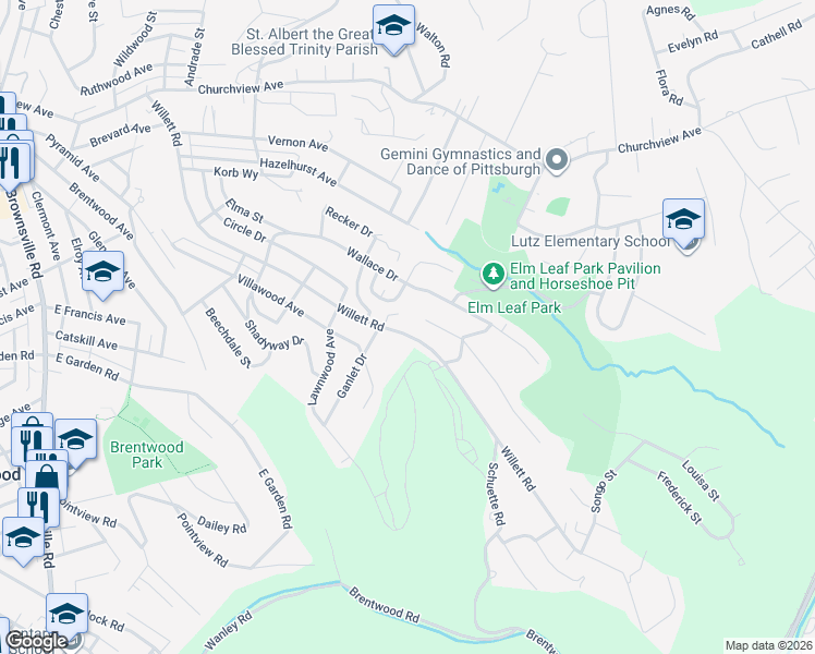 map of restaurants, bars, coffee shops, grocery stores, and more near 3533 Willett Road in Pittsburgh