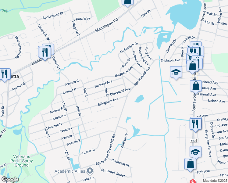 map of restaurants, bars, coffee shops, grocery stores, and more near 13 Cleveland Avenue in Monroe Township