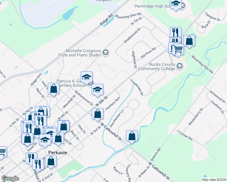 map of restaurants, bars, coffee shops, grocery stores, and more near 705 North 5th Street in Perkasie