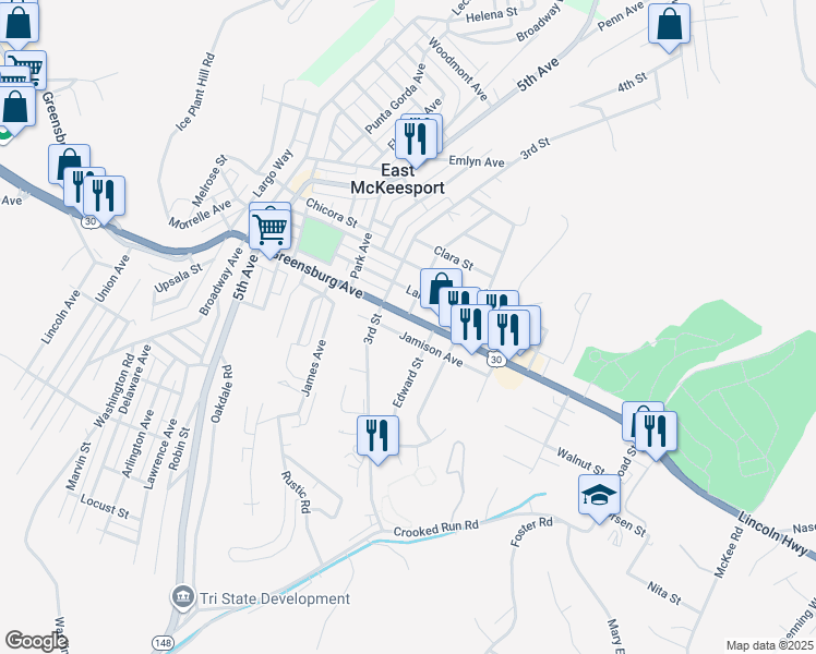 map of restaurants, bars, coffee shops, grocery stores, and more near 800 Lincoln Highway in North Versailles