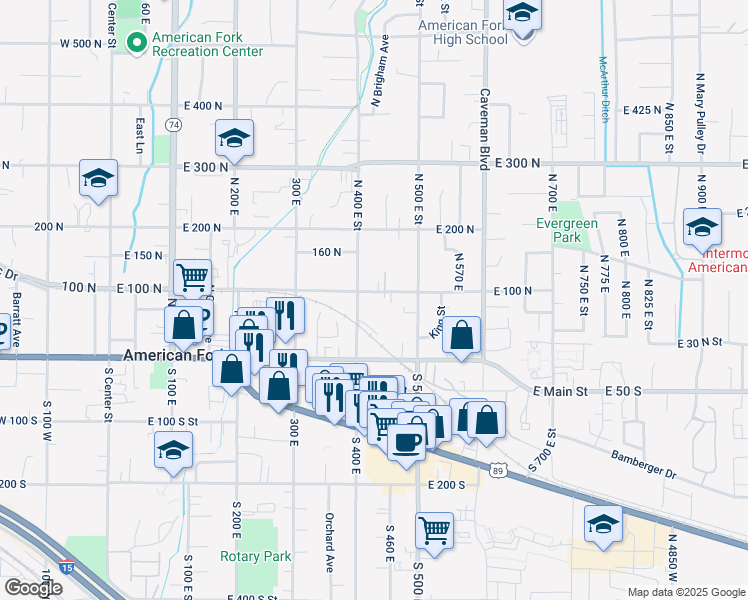 map of restaurants, bars, coffee shops, grocery stores, and more near 80 North 400 East in American Fork
