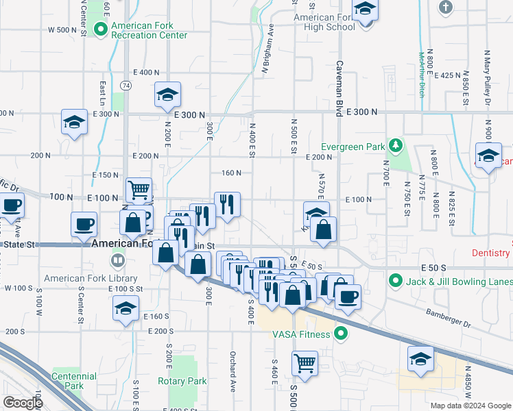 map of restaurants, bars, coffee shops, grocery stores, and more near 400 East 100 North in American Fork