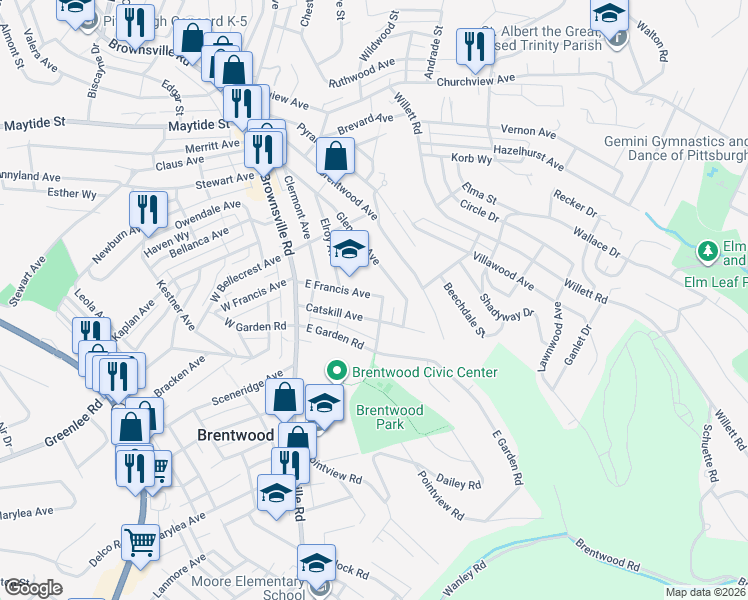 map of restaurants, bars, coffee shops, grocery stores, and more near 140 East Francis Avenue in Pittsburgh
