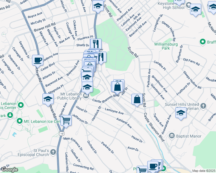map of restaurants, bars, coffee shops, grocery stores, and more near 764 Shady Drive East in Mt. Lebanon
