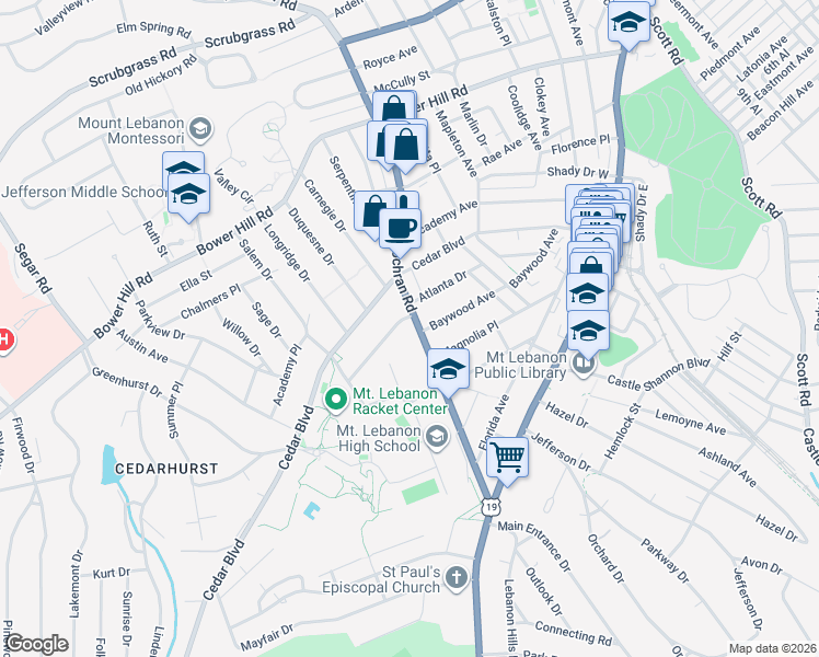 map of restaurants, bars, coffee shops, grocery stores, and more near 227 Cochran Road in Pittsburgh