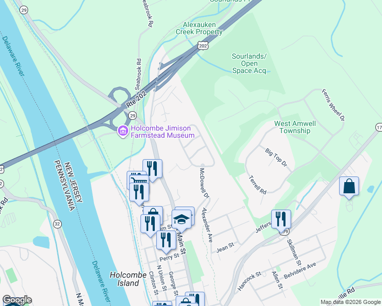 map of restaurants, bars, coffee shops, grocery stores, and more near 288 Holcombe Way in Lambertville