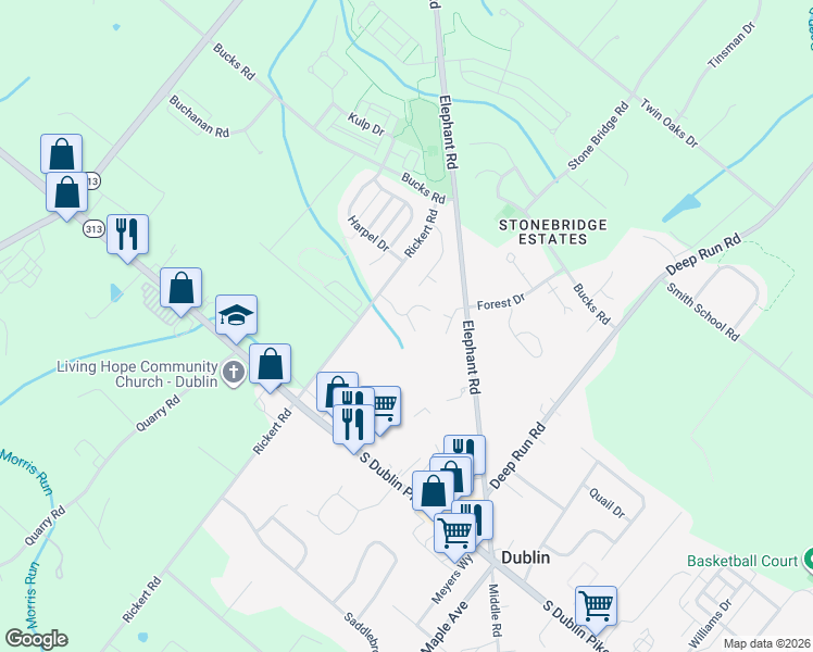 map of restaurants, bars, coffee shops, grocery stores, and more near 174 Moyer Drive in Dublin