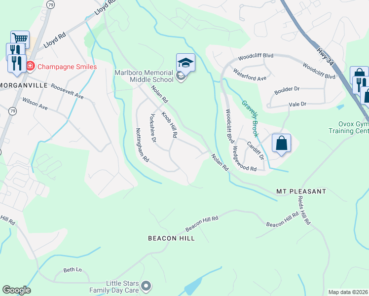 map of restaurants, bars, coffee shops, grocery stores, and more near 308 Wembley Place in Marlboro
