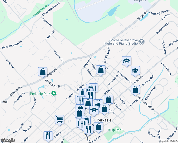 map of restaurants, bars, coffee shops, grocery stores, and more near 1000 Race Street in Perkasie