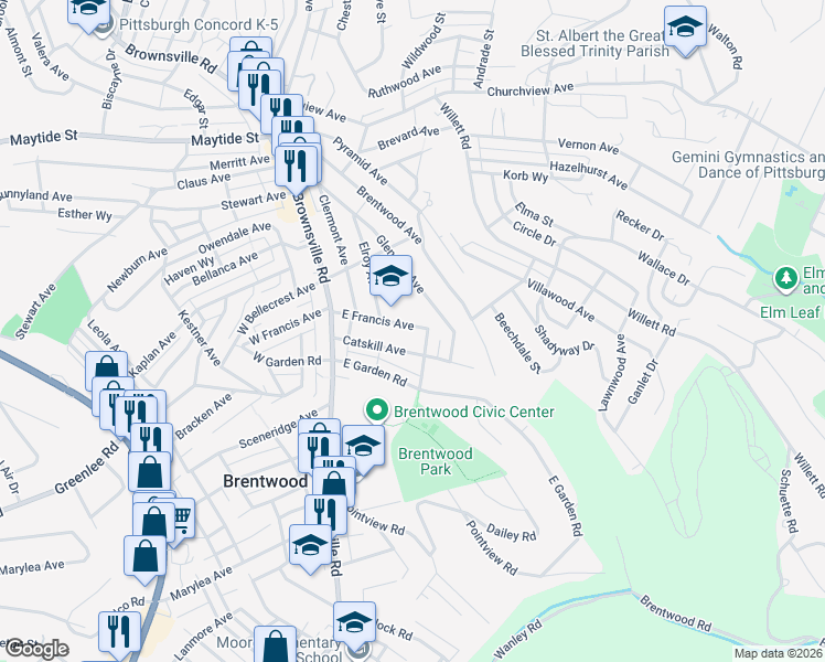 map of restaurants, bars, coffee shops, grocery stores, and more near 140 East Francis Avenue in Pittsburgh