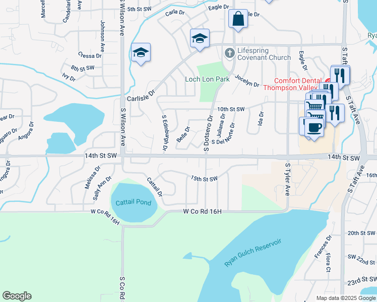 map of restaurants, bars, coffee shops, grocery stores, and more near 1270 Carlene Drive in Loveland