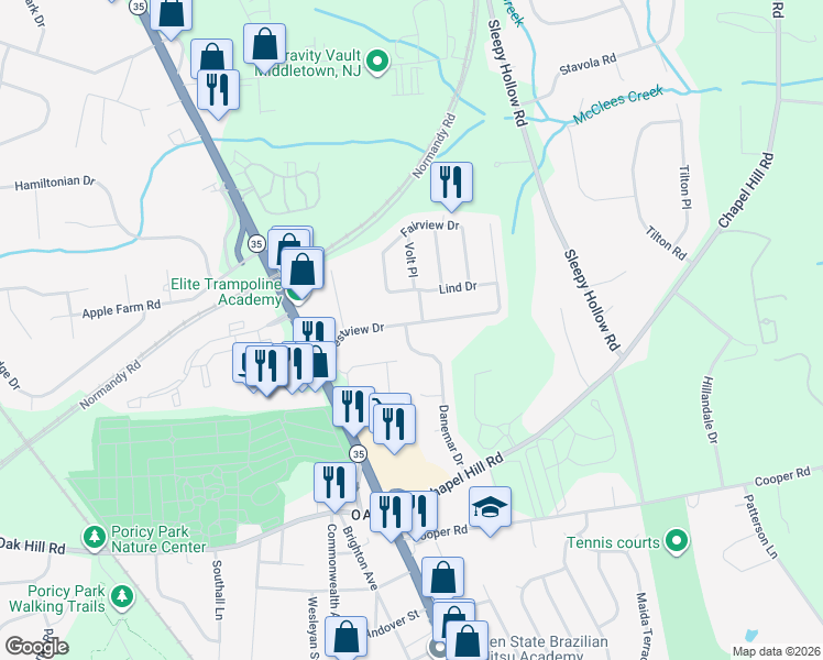 map of restaurants, bars, coffee shops, grocery stores, and more near 72 Crestview Drive in Middletown Township