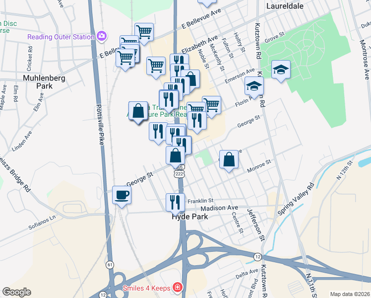 map of restaurants, bars, coffee shops, grocery stores, and more near 213R George Street in Reading