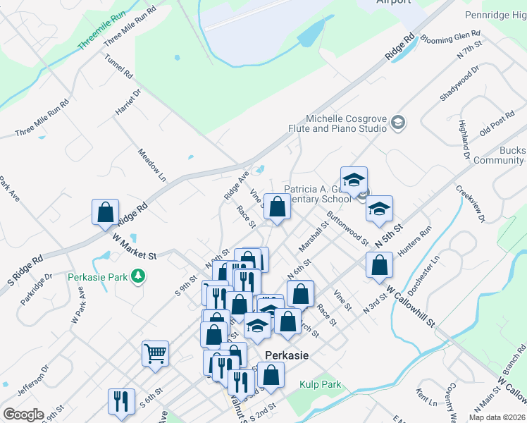 map of restaurants, bars, coffee shops, grocery stores, and more near 912 Vine Street in Perkasie