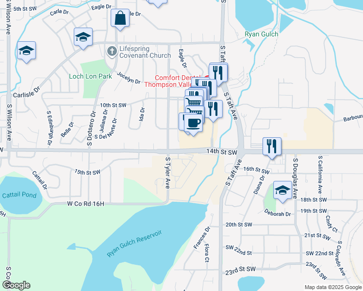 map of restaurants, bars, coffee shops, grocery stores, and more near 1370 Lavender Ave in Loveland