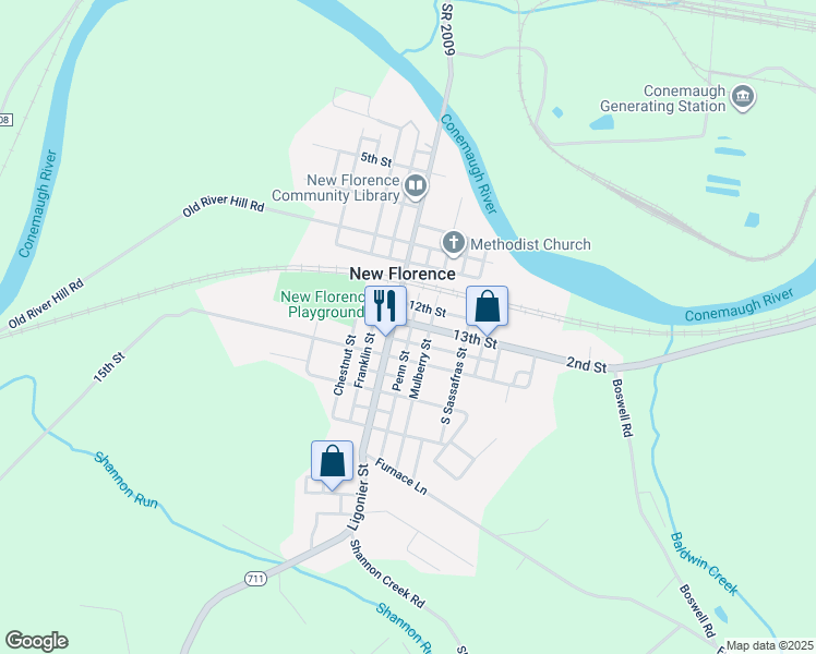 map of restaurants, bars, coffee shops, grocery stores, and more near 188 13th Street in New Florence