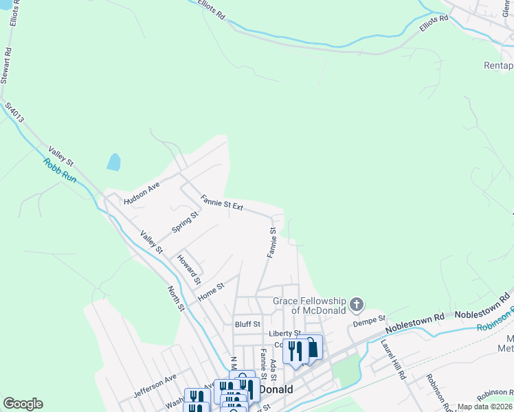 map of restaurants, bars, coffee shops, grocery stores, and more near 504 Fannie Street Extension in McDonald