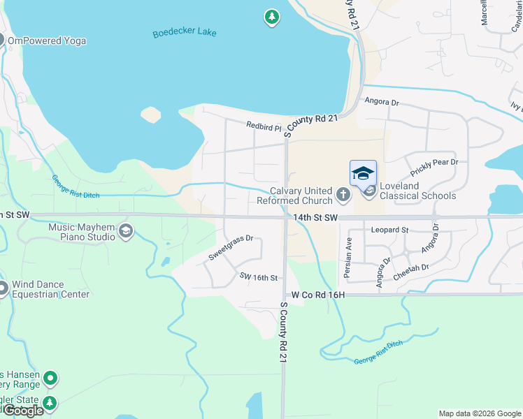 map of restaurants, bars, coffee shops, grocery stores, and more near 4112 Silene Place in Loveland