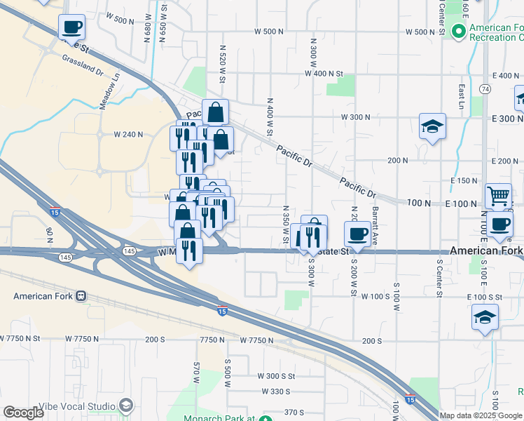 map of restaurants, bars, coffee shops, grocery stores, and more near 120 North 350 West Street in American Fork