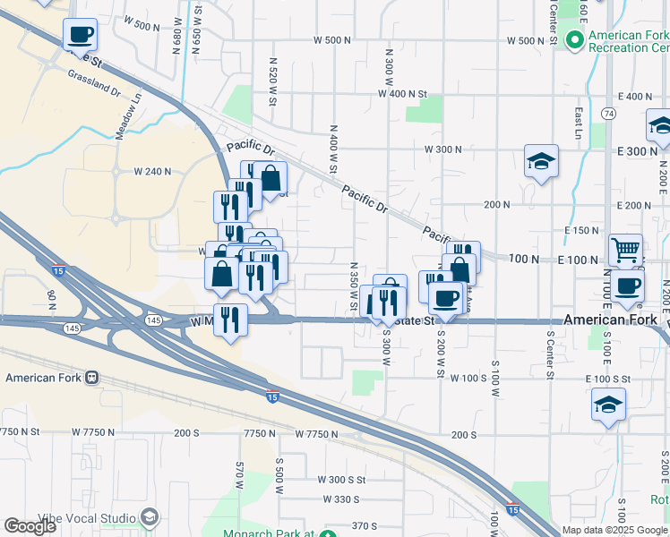 map of restaurants, bars, coffee shops, grocery stores, and more near 120 North 350 West Street in American Fork