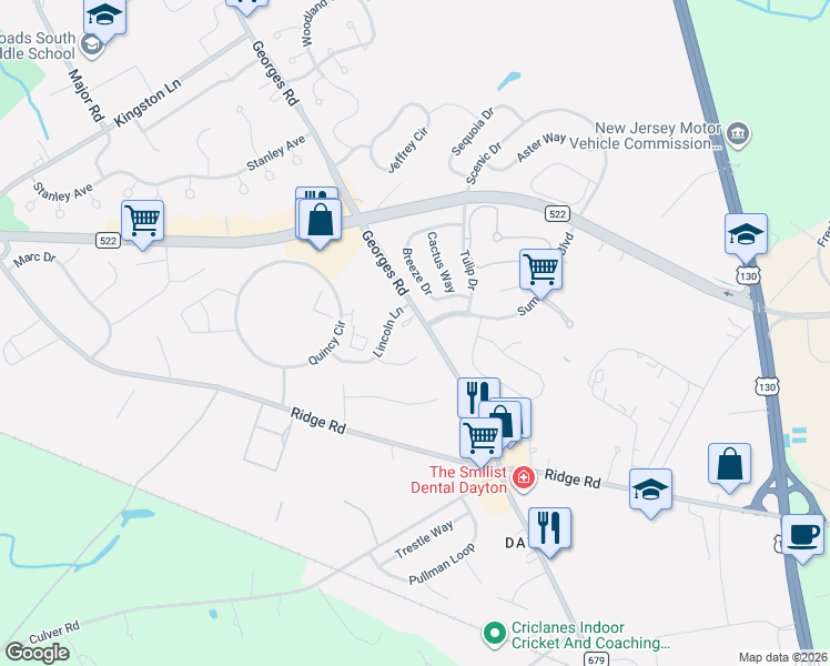 map of restaurants, bars, coffee shops, grocery stores, and more near 3 Lincoln Lane in South Brunswick Township