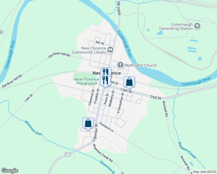 map of restaurants, bars, coffee shops, grocery stores, and more near 188 13th Street in New Florence