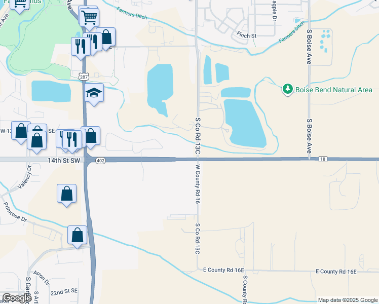 map of restaurants, bars, coffee shops, grocery stores, and more near 1051 Colorado 402 in Loveland