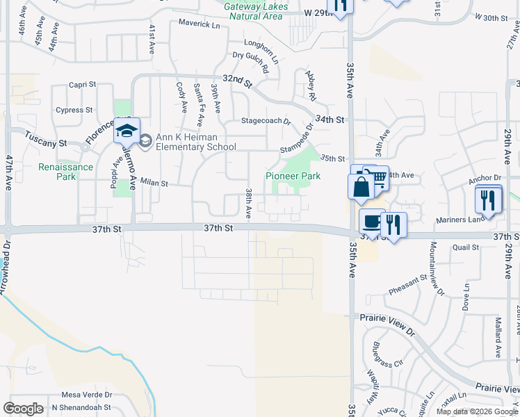 map of restaurants, bars, coffee shops, grocery stores, and more near 3758 Ponderosa Court in Evans
