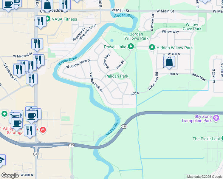 map of restaurants, bars, coffee shops, grocery stores, and more near 758 South Olive Springs in Lehi