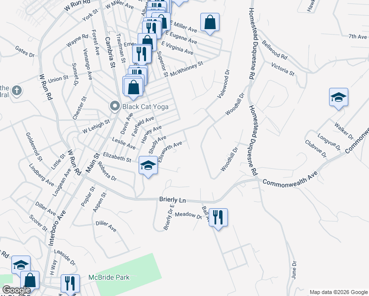 map of restaurants, bars, coffee shops, grocery stores, and more near 4414 Superior Street in Munhall