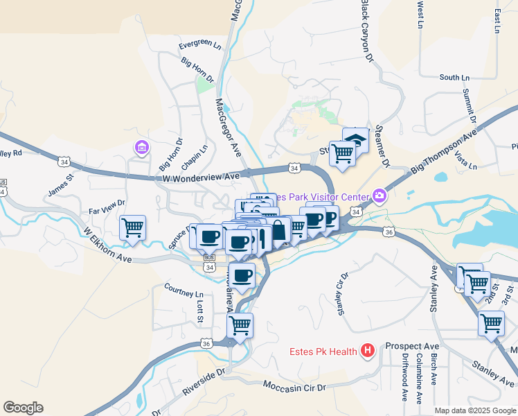 map of restaurants, bars, coffee shops, grocery stores, and more near 214 Virginia Drive in Estes Park