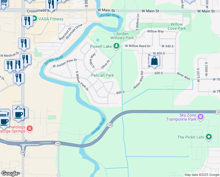map of restaurants, bars, coffee shops, grocery stores, and more near 3358 West Jordan Way in Lehi