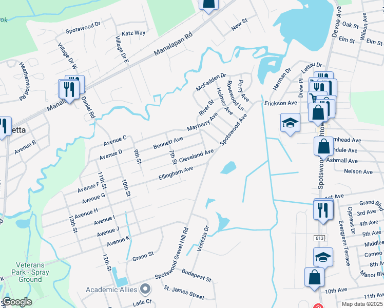 map of restaurants, bars, coffee shops, grocery stores, and more near 13 Cleveland Avenue in Monroe Township