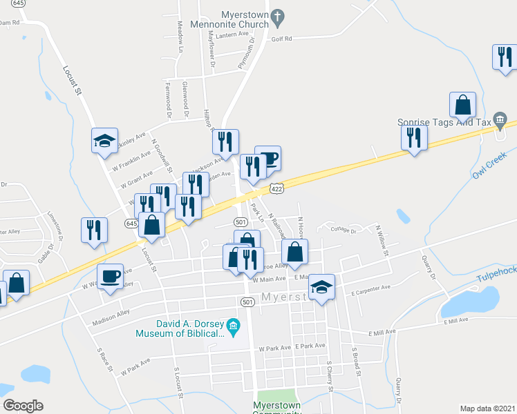 map of restaurants, bars, coffee shops, grocery stores, and more near 205 North Railroad Street in Myerstown
