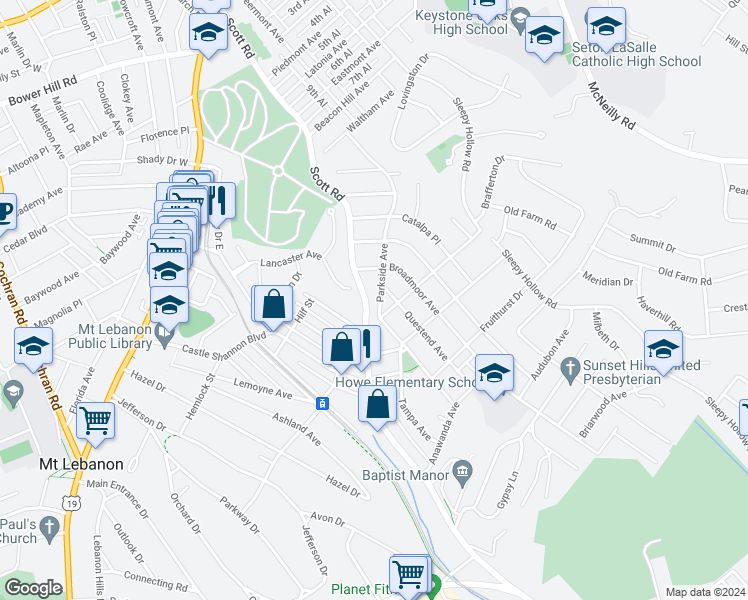 map of restaurants, bars, coffee shops, grocery stores, and more near 235 Adeline Avenue in Pittsburgh
