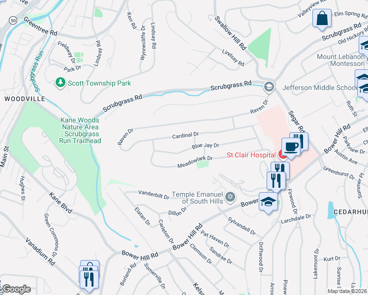 map of restaurants, bars, coffee shops, grocery stores, and more near 1325 Blue Jay Drive in Pittsburgh