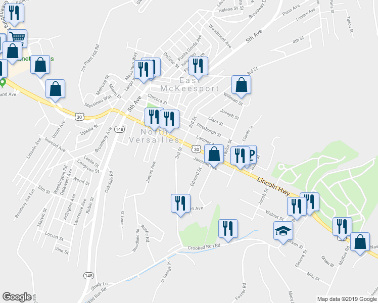 map of restaurants, bars, coffee shops, grocery stores, and more near 704 Lincoln Highway in North Versailles