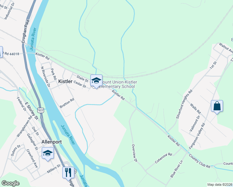 map of restaurants, bars, coffee shops, grocery stores, and more near Kistler Road in Mount Union