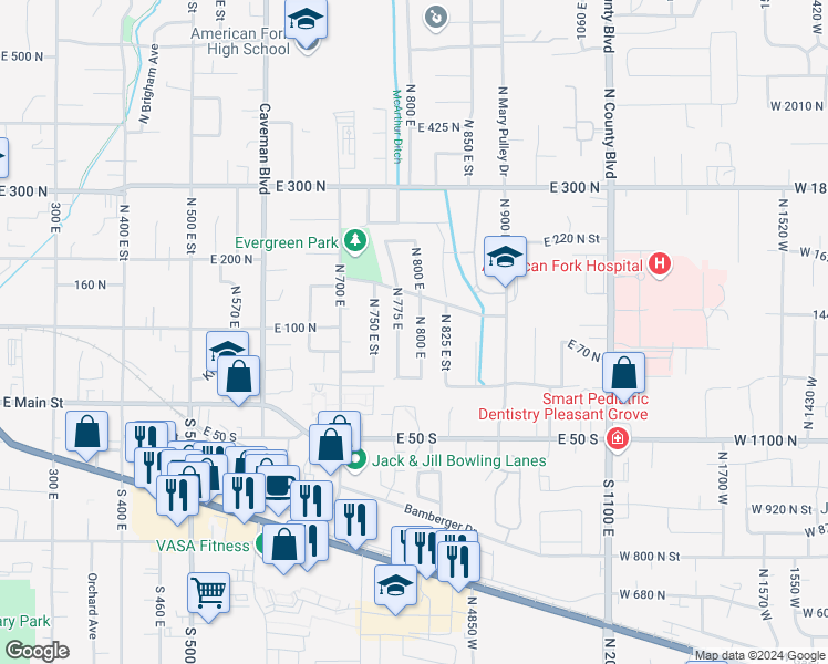 map of restaurants, bars, coffee shops, grocery stores, and more near 87 North 800 East in American Fork