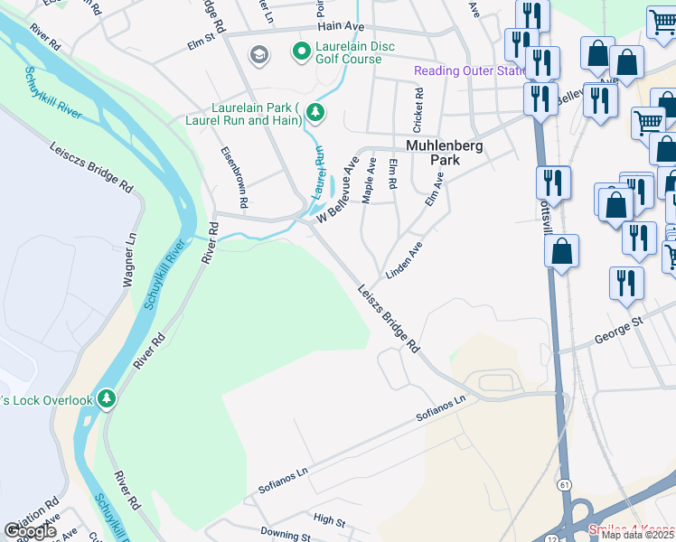 map of restaurants, bars, coffee shops, grocery stores, and more near 3022 Leiszs Bridge Road in Reading