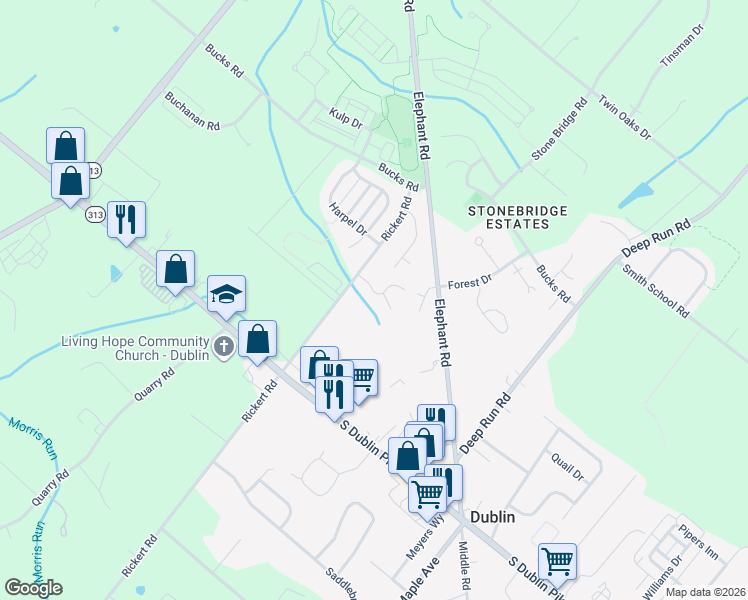 map of restaurants, bars, coffee shops, grocery stores, and more near 174 Moyer Drive in Dublin