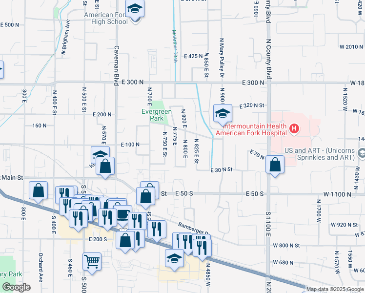 map of restaurants, bars, coffee shops, grocery stores, and more near 87 North 800 East in American Fork
