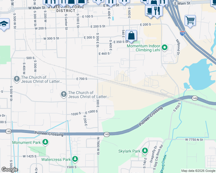 map of restaurants, bars, coffee shops, grocery stores, and more near South 450 West in Lehi