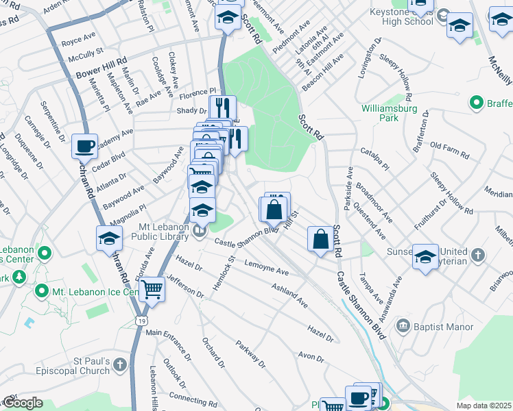 map of restaurants, bars, coffee shops, grocery stores, and more near 764 Shady Drive East in Mt. Lebanon