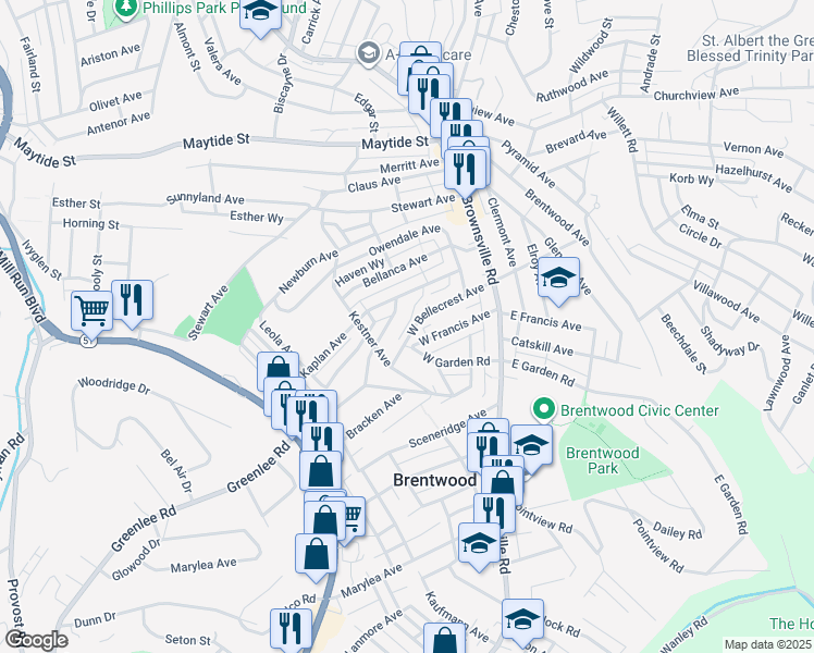 map of restaurants, bars, coffee shops, grocery stores, and more near 100 West Bellecrest Avenue in Pittsburgh