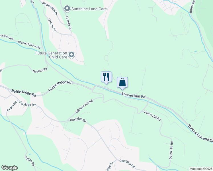 map of restaurants, bars, coffee shops, grocery stores, and more near 5021 Thoms Run Road in Oakdale